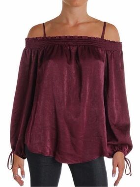 BCX Wine Satin Off Shoulder Women’s Blouse Size Large NWT Bishop Sleeves